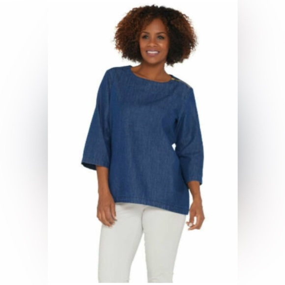 Martha Stewart Tops - Vintage Martha Stewart  Zipper Denim 3/4 Sleeve Woven Top XL  Blue Denim Top